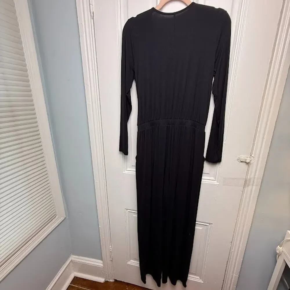 Attitudes by Renee Knit Wrap Jumpsuit Womens Small Black Tie Waist Stretch NWOT
